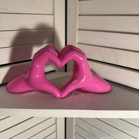 Pink Ceramic Heart Hands Sculpture – NEW, 10"x5", Symbolic Love Decor - Picture 2 of 3